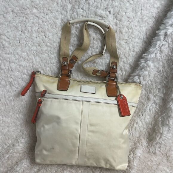 Coach Hampton off white  nylon and leather tan & orange trims satchel - Picture 2 of 15